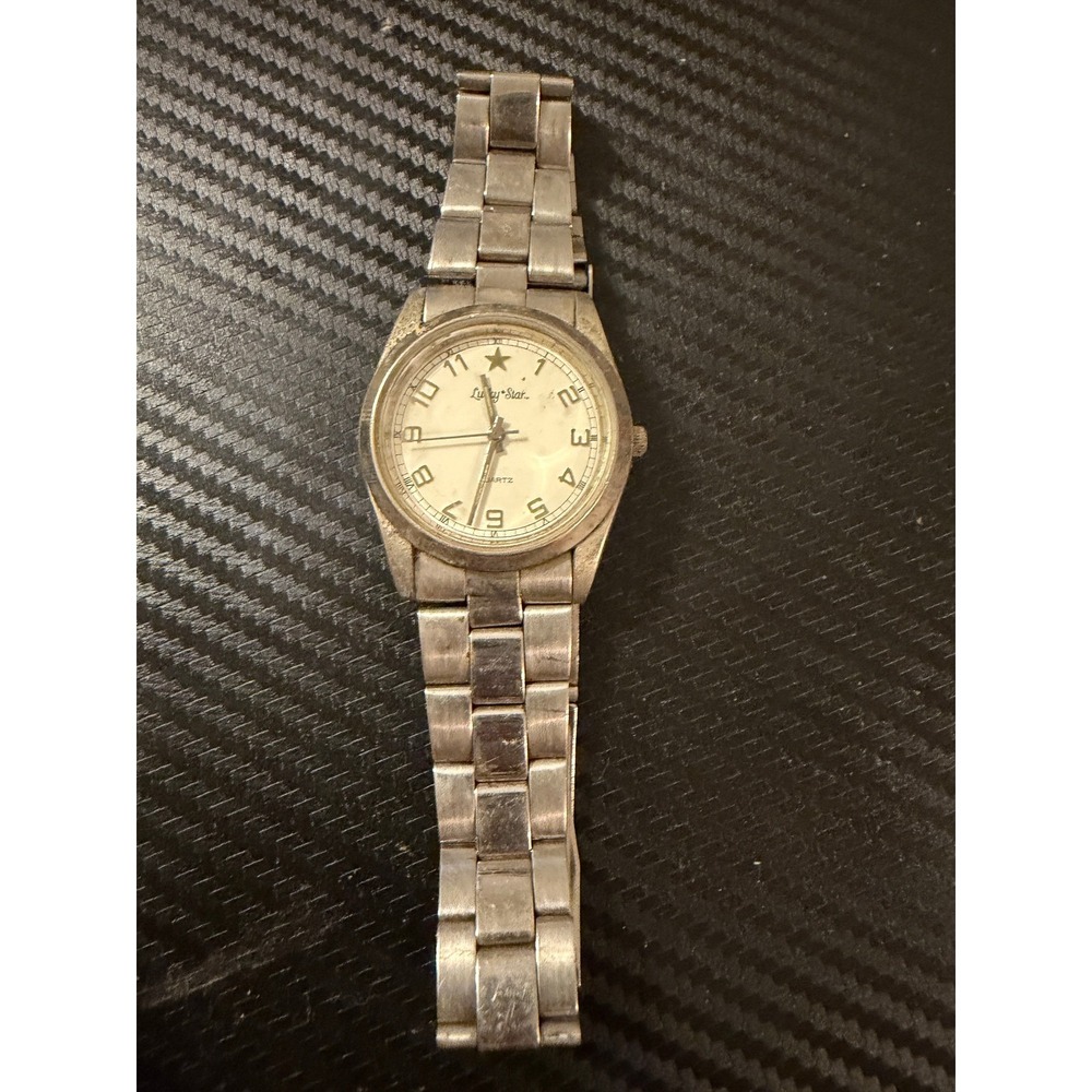 Lucky Star Quartz Watch Silver Tone Stainless Steel Link Bracelet White Dial